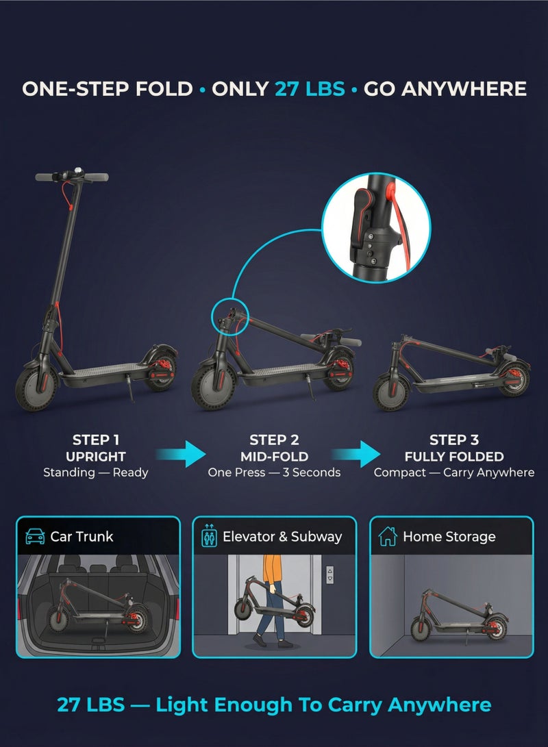MAGIC VAULT Foldable Electric Scooter for Adults 350W Motor 30-35 Miles Long Range 36V 10.4Ah Battery 8.5 Inch Solid Tires Smart App Control LED Lights Disc Brake Portable Commuter E-Scooter Lightweight 27 Lbs - Image 4